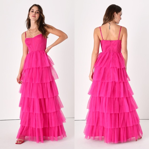 Lulus Dresses & Skirts - Lulus Rule the Runway Hot Pink Tulle Bustier Tiered Maxi Dress
